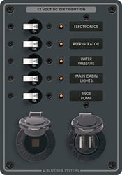 Picture of Blue Sea Systems 8120 5-Position 12V DC Circuit Breaker Panel with Dual USB and 12V Socket