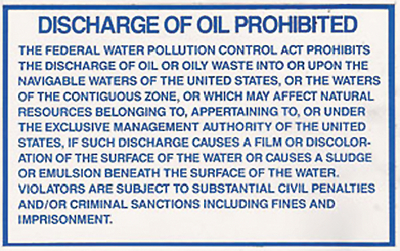 Bernard Engraving IL204 Oil Discharge Marine Regulation Label