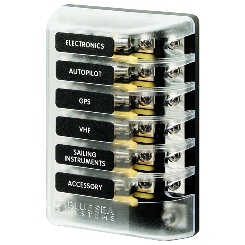 Blue Sea Systems 5015 AGC Glass Fuse Block 6 Circuit with Ground Bus
