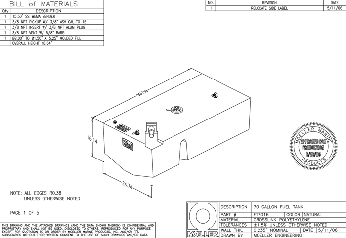 Moeller 032570 70 Gallon Permanent Marine Fuel Tank