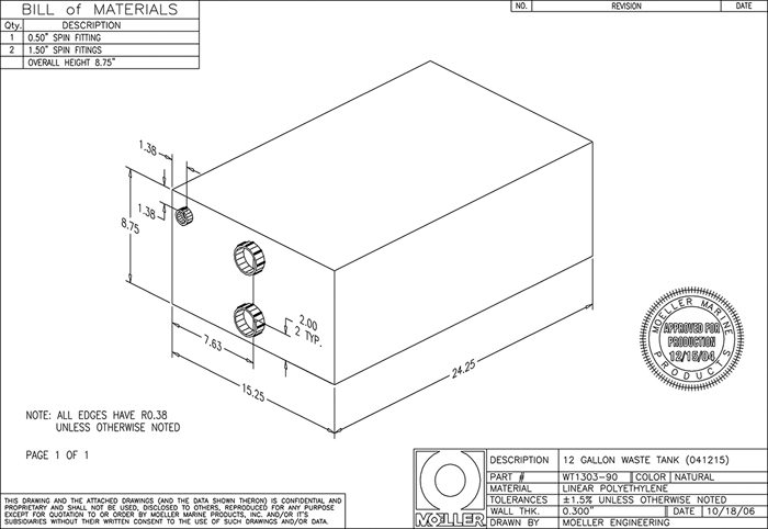 Moeller 041215 Polyethylene Water/Waste Tank, 12 Gallon Capacity