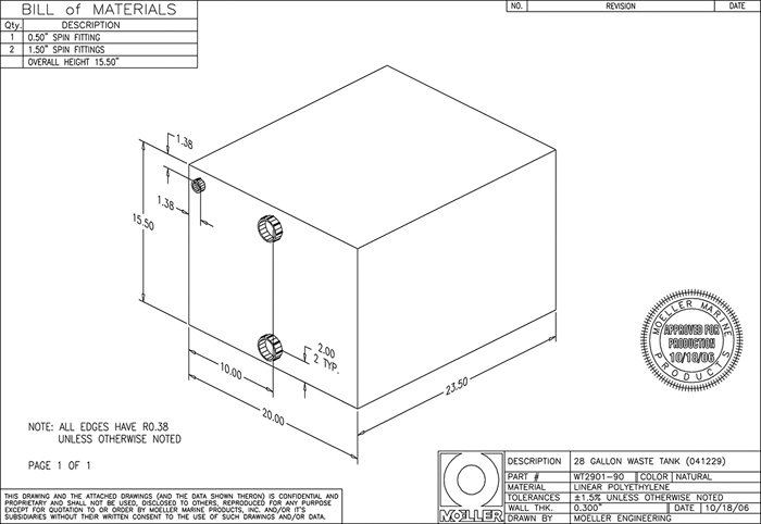 Moeller 041229 Polyethylene Water/Waste Holding Tank, 28 Gallon