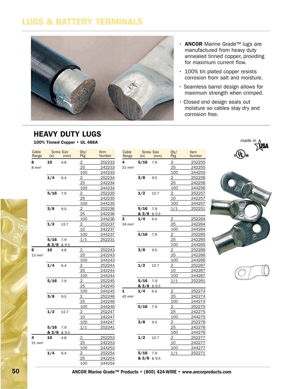 Power Products 252265 Marine Grade Electrical Heavy Duty Tinned Copper Lugs (2-Gauge, Size 5/16 Screw, 2-Pack)