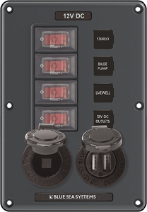 Blue Sea Systems 4321 Water-Resistant 4-Position Circuit Breaker Panel with 12V Socket and Dual USB Charger