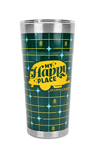 Camco 53325 My Happy Place Tumbler 20 oz Stainless Steel Insulated Green Grid