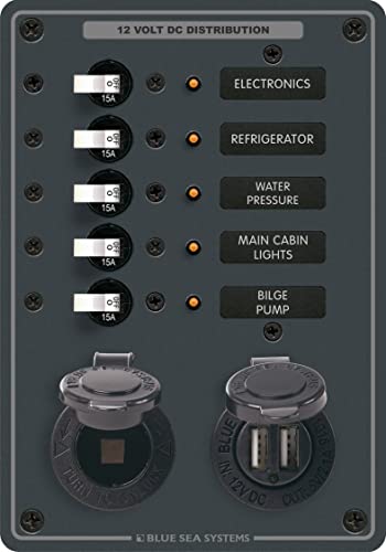 Blue Sea Systems 8120 5-Position 12V DC Circuit Breaker Panel with Dual USB and 12V Socket
