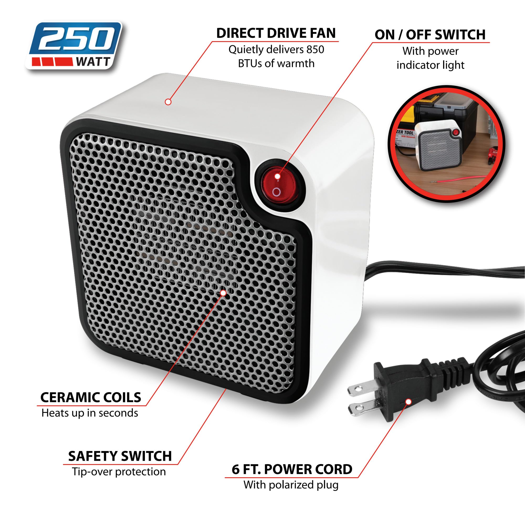 Performance Tool W5011 250-Watt Ceramic Personal Space Heater