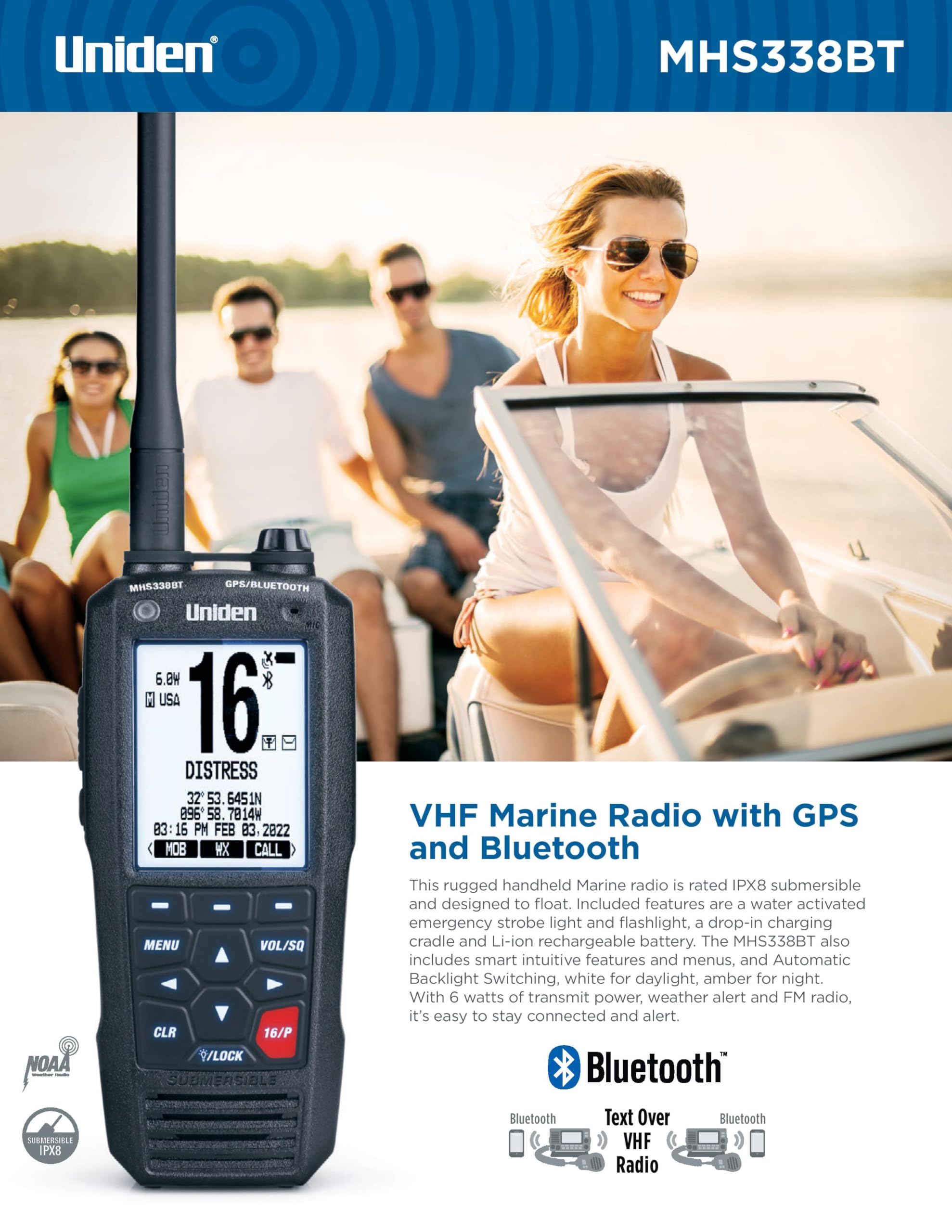 Uniden MHS338BT Floating Handheld VHF Marine Radio with GPS & Bluetooth