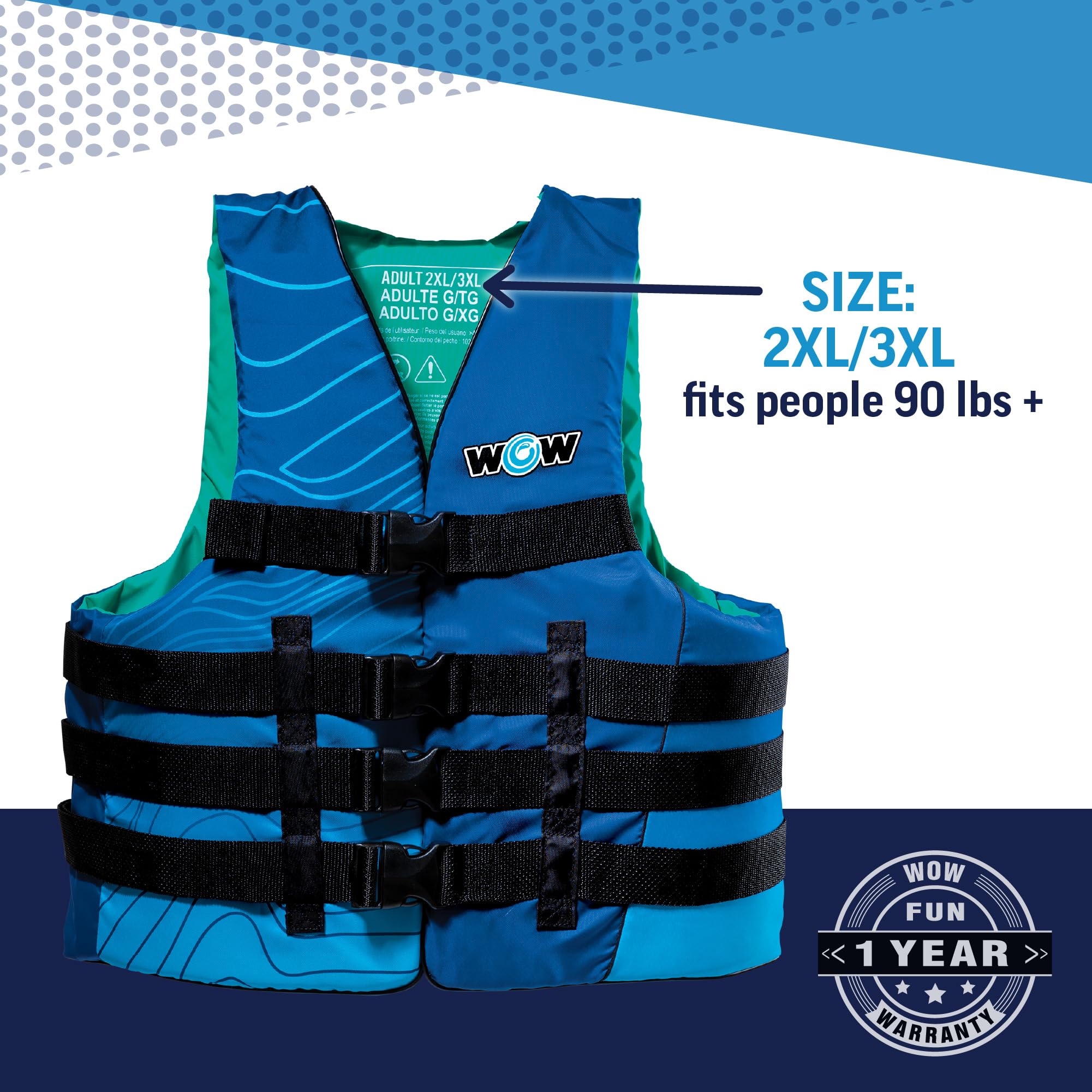 Wow Sports 24-WLV-5638 2XL/3XL Life Vest for Adults - Perfect for Swimming Pools, Fishing, Lakes, & Ocean - Blue Life Jacket Flotation Device (PFD) - VIS-Wave