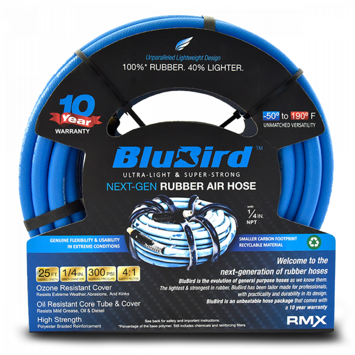 BluBird BB1425 Rubber Air Hose Assembly 1/4" x 25' with Brass Fittings