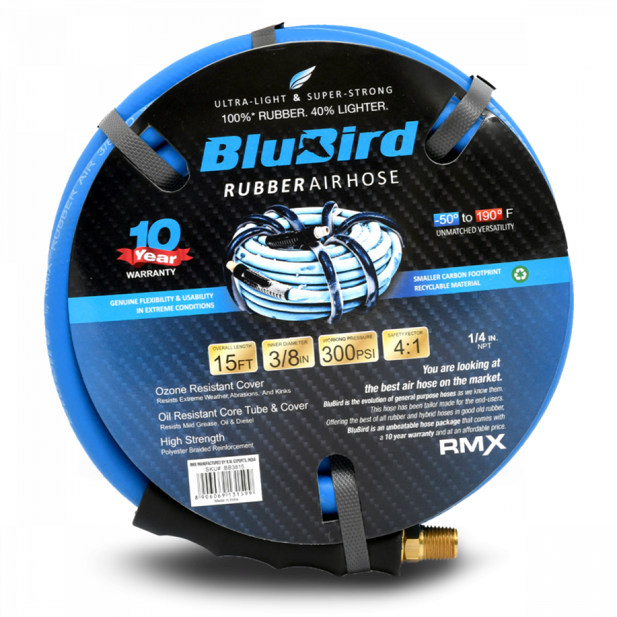 BluBird BB3815 Rubber Air Hose Assembly 3/8" x 15'