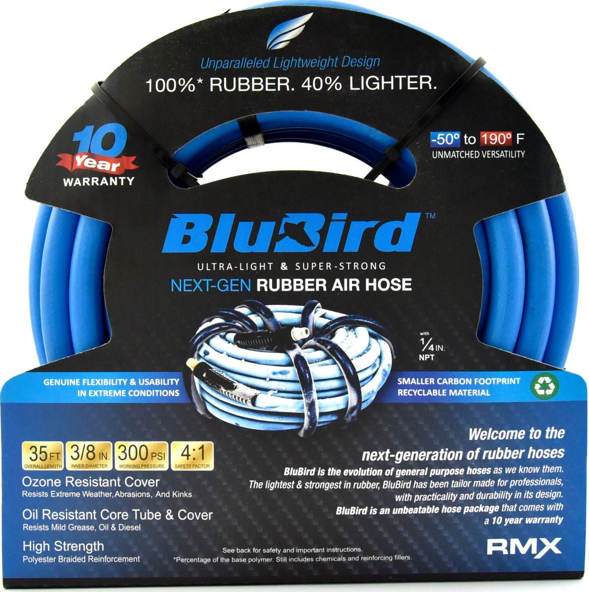 BluBird BB3835 3/8" x 35' Heavy-Duty Rubber Air Hose 300 PSI