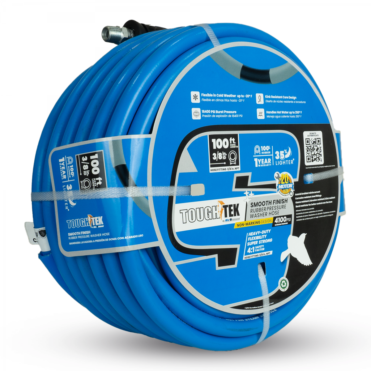 Blushield TTPW38100-NM Tough-Tek Rubber Pressure Washing Hose 3/8" x 100' Blue