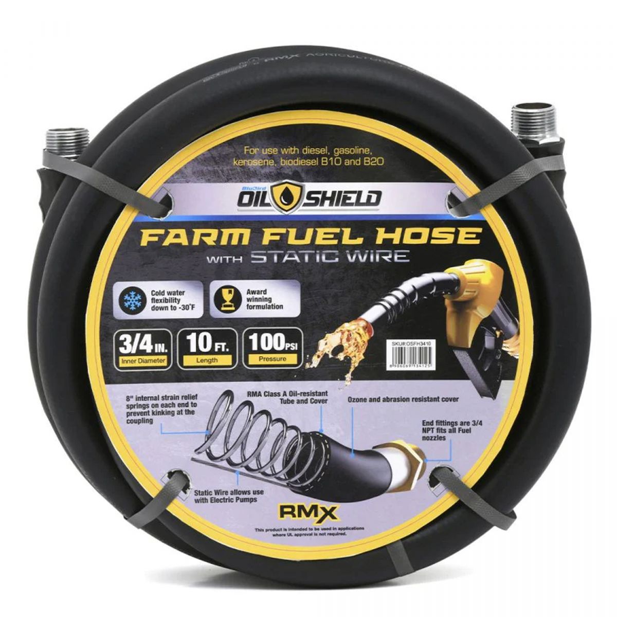OilShield OSFH3410 3/4" x 10' Rubber Farm Fuel Transfer Hose with Static Wire