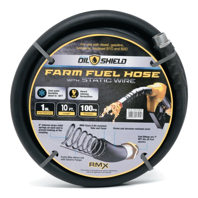 OilShield OSFHONE10 1" x 10' Rubber Farm Fuel Transfer Hose with Static Wire