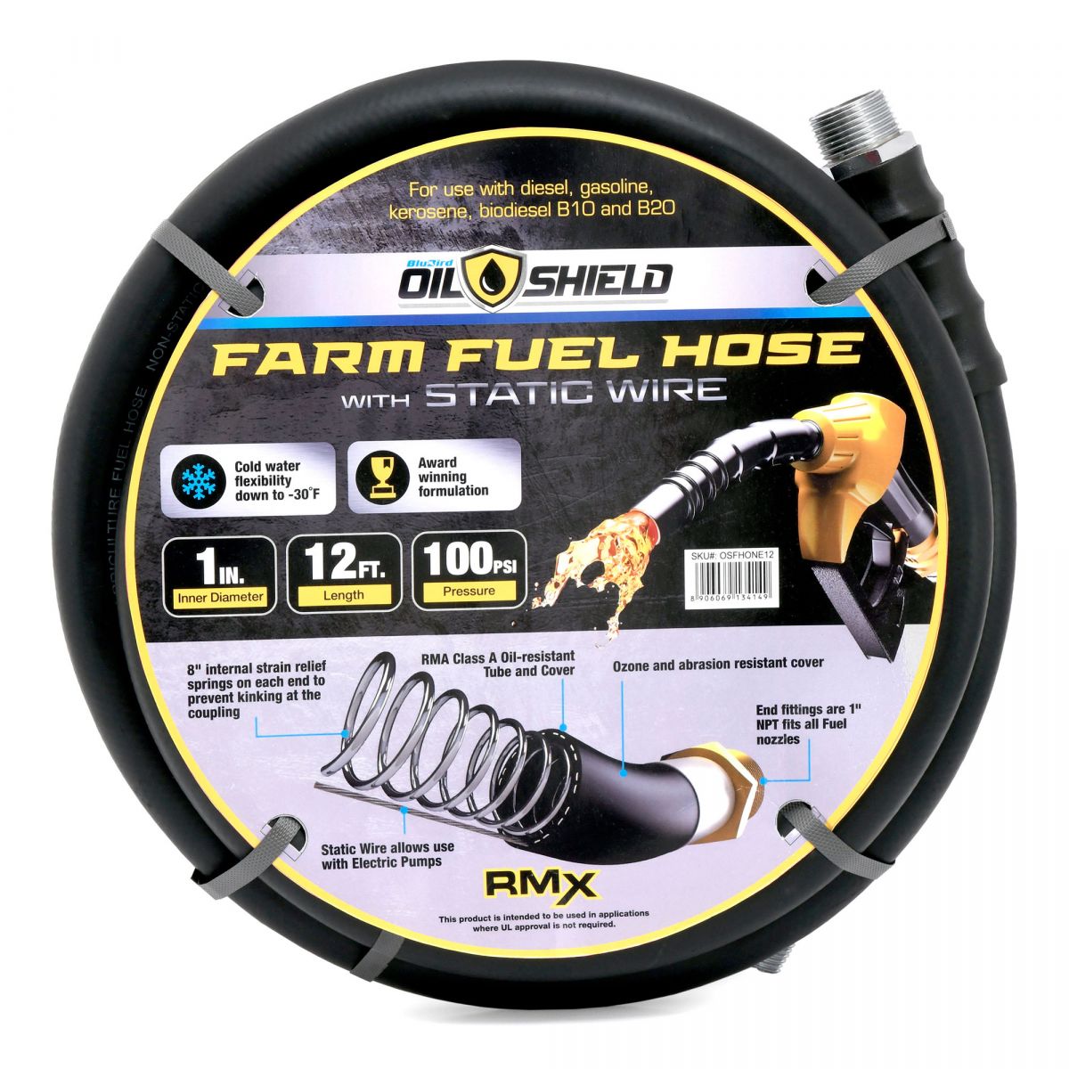 OilShield OSFHONE12 1" x 12' Rubber Fuel Transfer Hose with Static Wire
