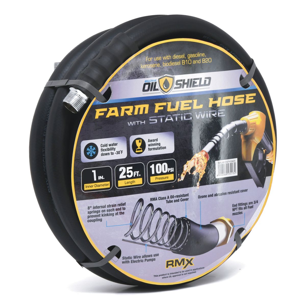 OilShield OSFHONE25 1" x 25' Farm Fuel Transfer Hose Assembly with Static Wire