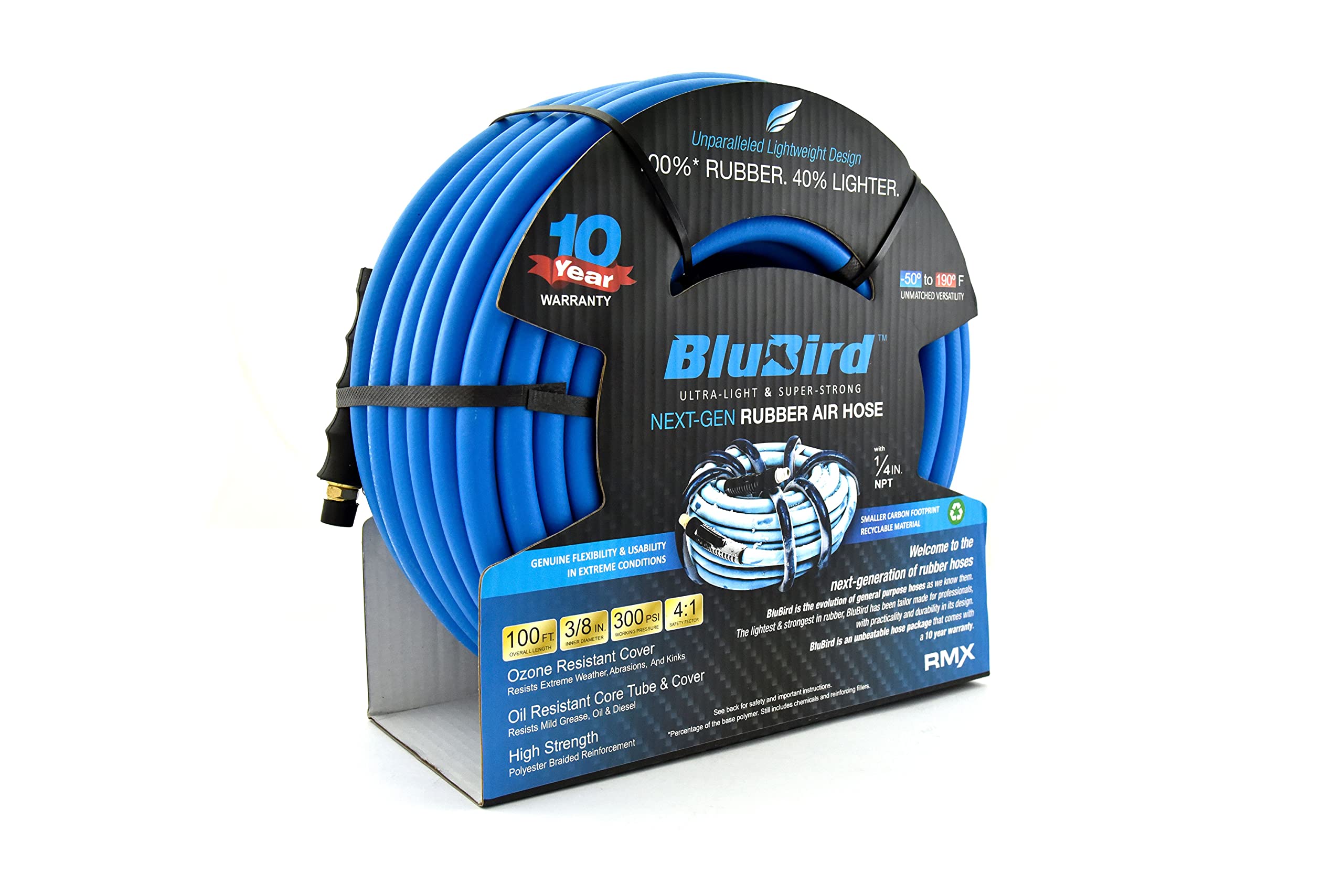 BluBird BB38100 Rubber Air Hose Assembly 3/8" x 100 ft with Brass Fittings