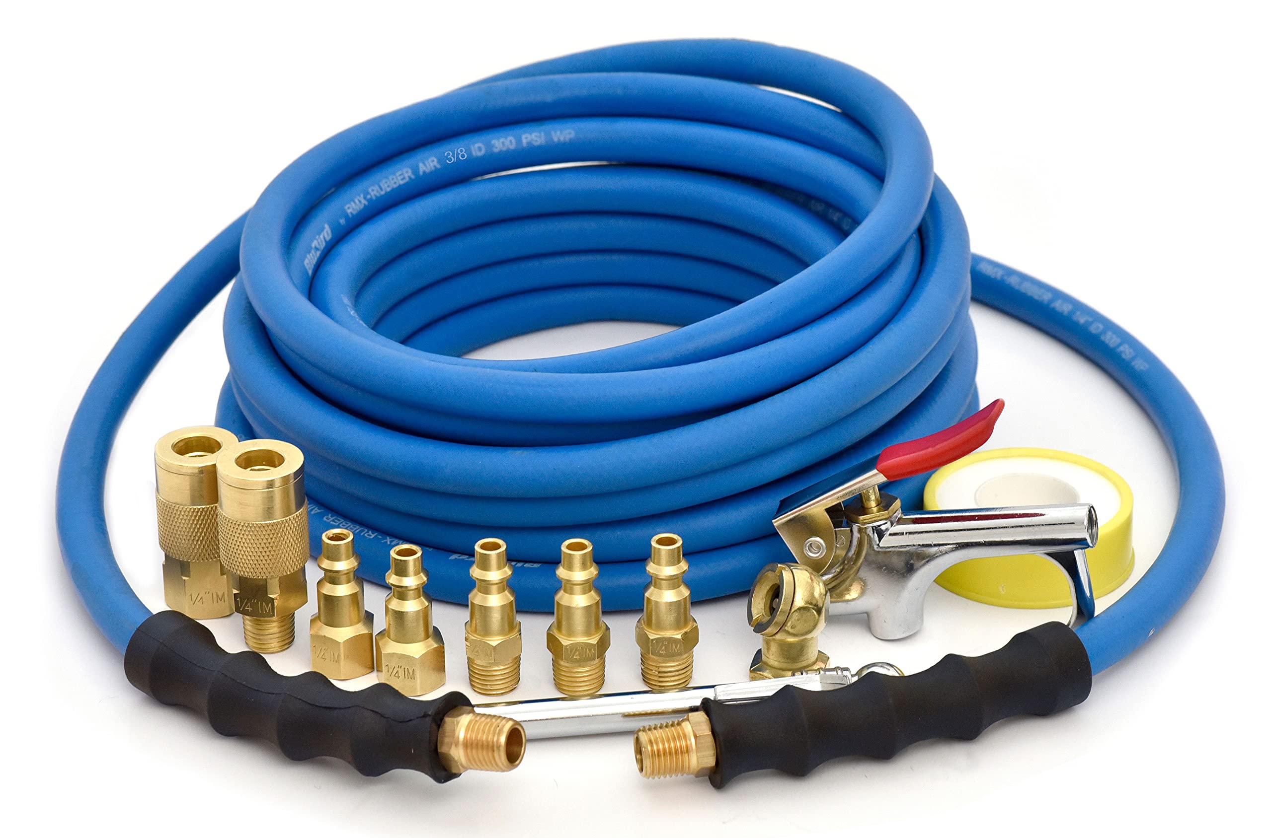 BluBird BB3825KIT-10 Rubber Air Hose Assembly 3/8" x 25' with 10-Piece Brass Accessory Kit