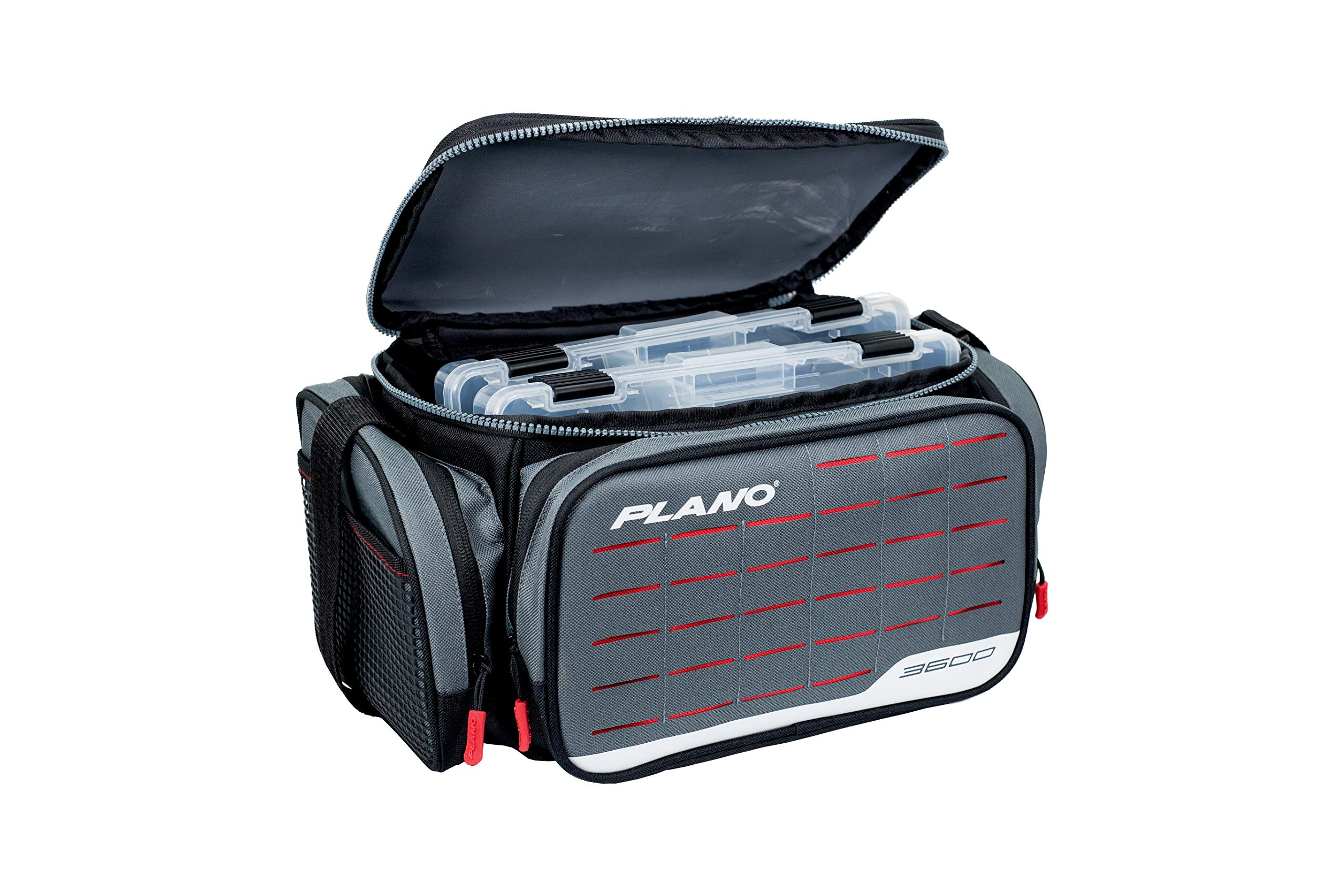 Plano PLABW360 Weekend Series 3600 Tackle Case | Premium Fishing Tackle Storage With Laser-Cut Molle Panel For Tool Storage | Includes Twostowaway Tackle Boxes | Gray/red