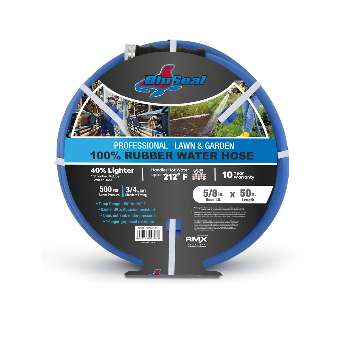 BluBird BS5850  BluSeal 5/8" Lawn Garden Water Hose Hot/ Cold Lightweight Professional Grade 100% Rubber Hose - 50 Feet