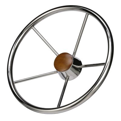 Seachoice 28551 5-Spoke Destroyer Steering Wheel 15" Stainless Steel with Teak Cap