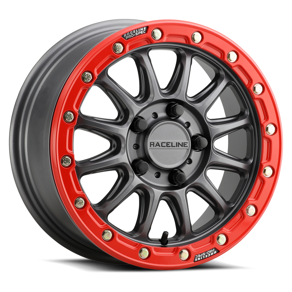 Picture of Raceline Wheels A14GR-57037+10 Alpha Beadlock UTV Wheel Gunmetal - 15x7 Red