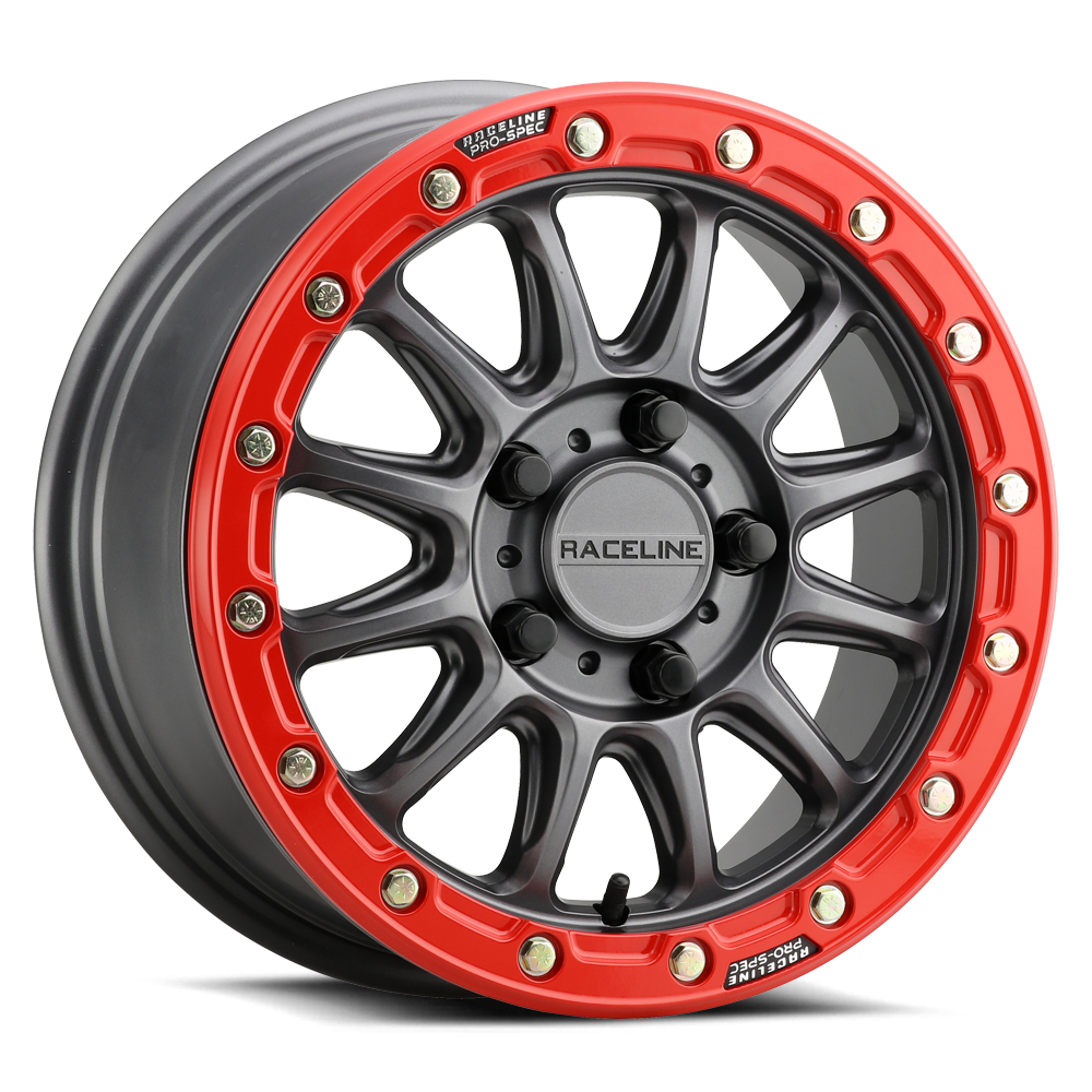 Picture of Raceline Wheels A14GR-57037+10 Alpha Beadlock UTV Wheel Gunmetal - 15x7 Red