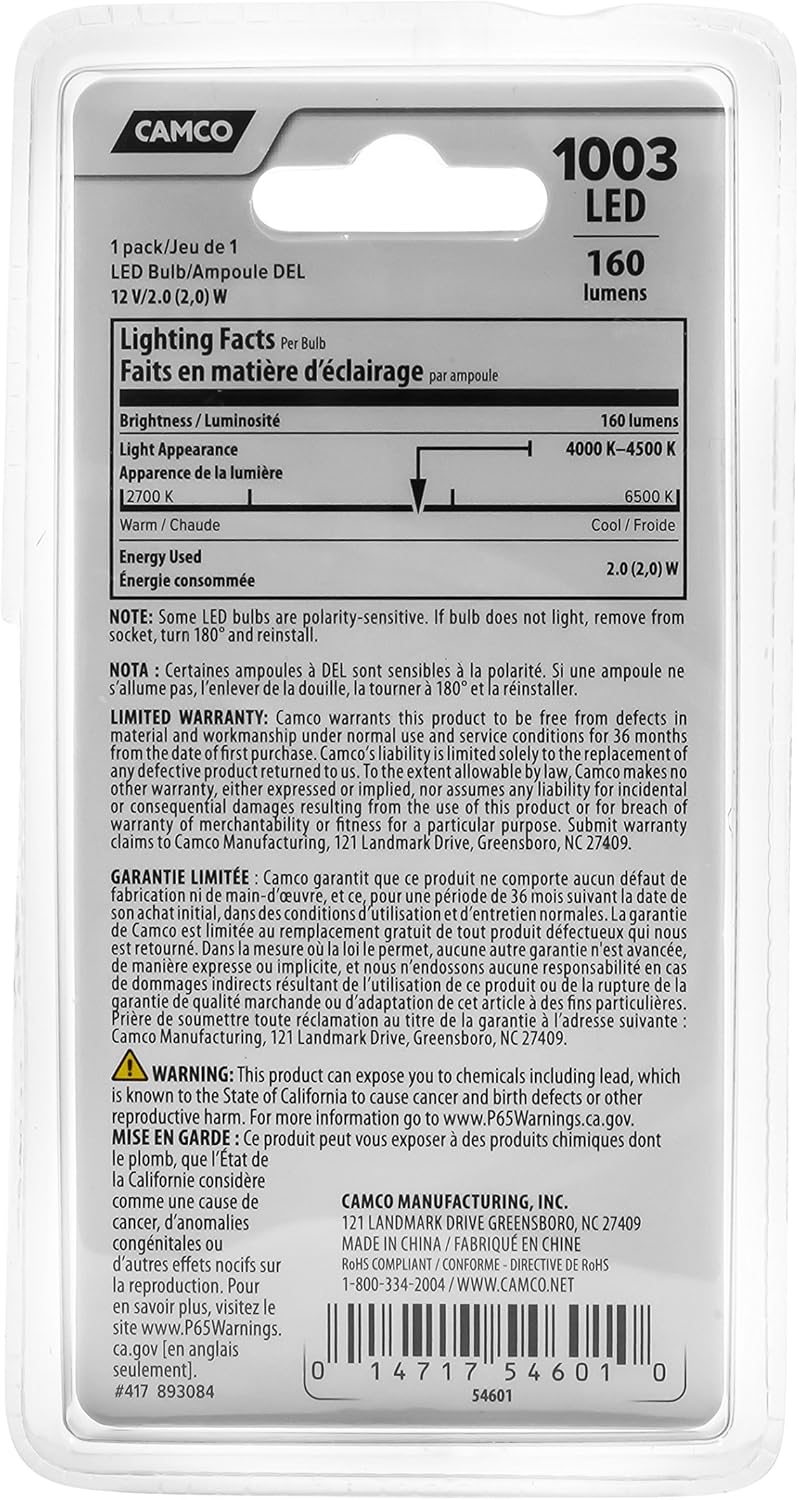 Picture of Camco 54601 LED Replacement Bulb Lumen Bright White Light Bulbs - 1003 BA15S 160