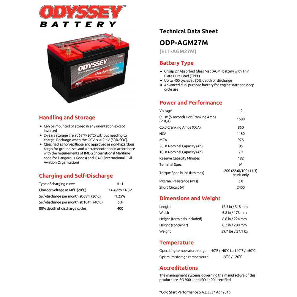 Picture of Odyssey Battery ODP-AGM27M Group 27 Marine Dual Purpose AGM Battery 850 CCA