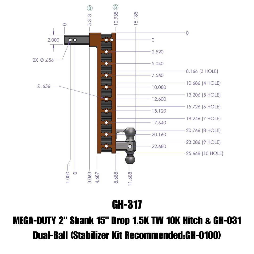 Picture of Gen-Y Hitch GH-317 Adjustable Drop Hitch 2" Shank 15" Drop 10K Towing Capacity